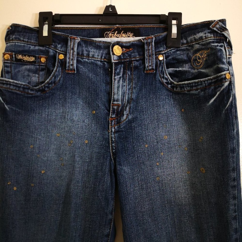Fabulosity High Rise Stretch Flare Jeans Golden Polka Dot Print‎ Detail Size 9 - Picture 2 of 7